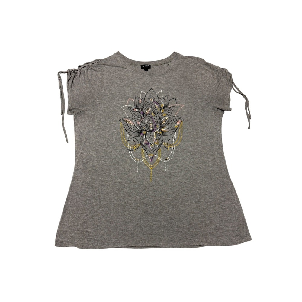 Torrid Tee Embroidered‎ Sequin Short Sleeve Lattice Shoulder Top 2XL Grey Lotus
